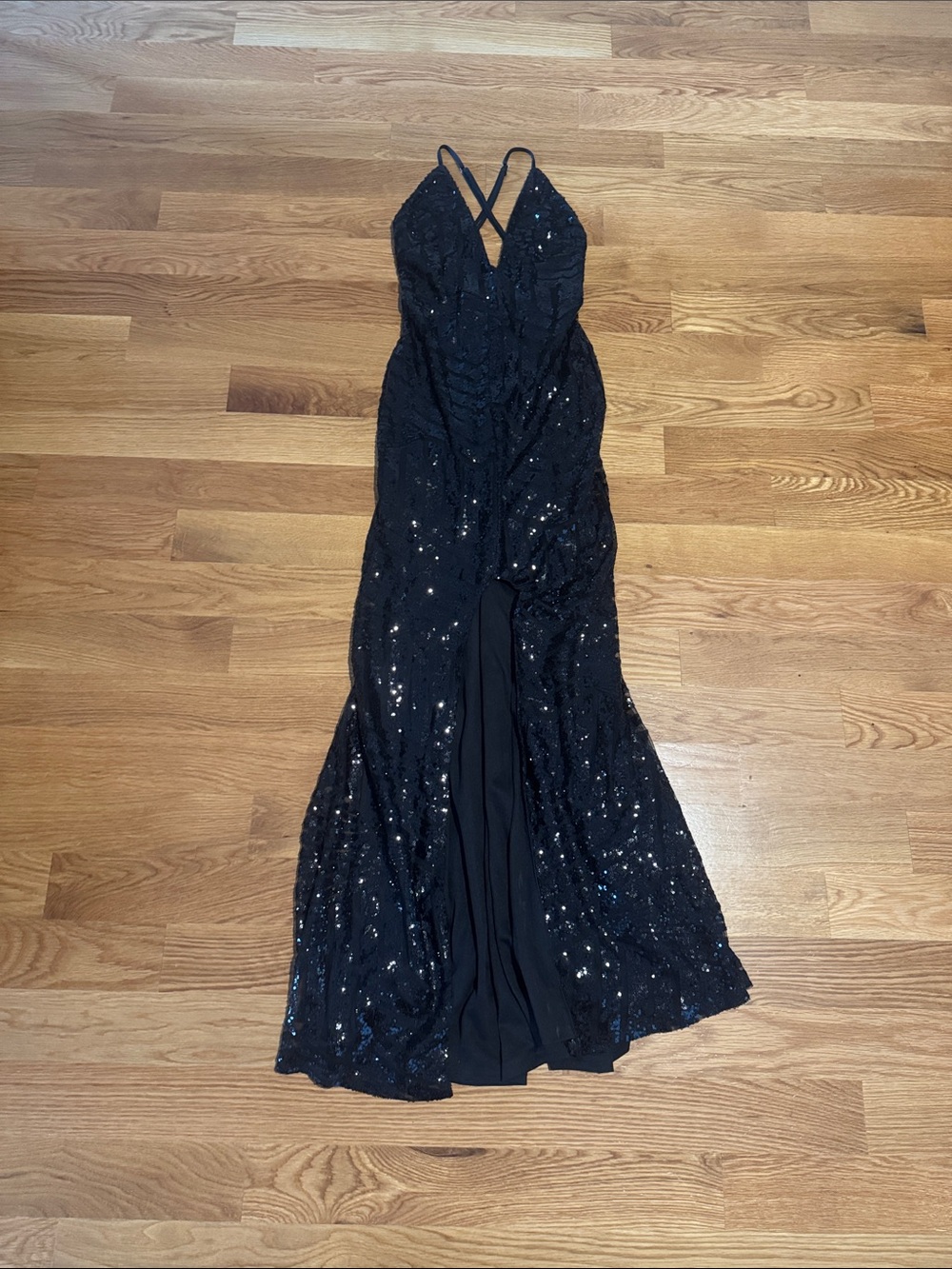 Sequin Black V-Neck Prom Gown with Crisscross Straps
